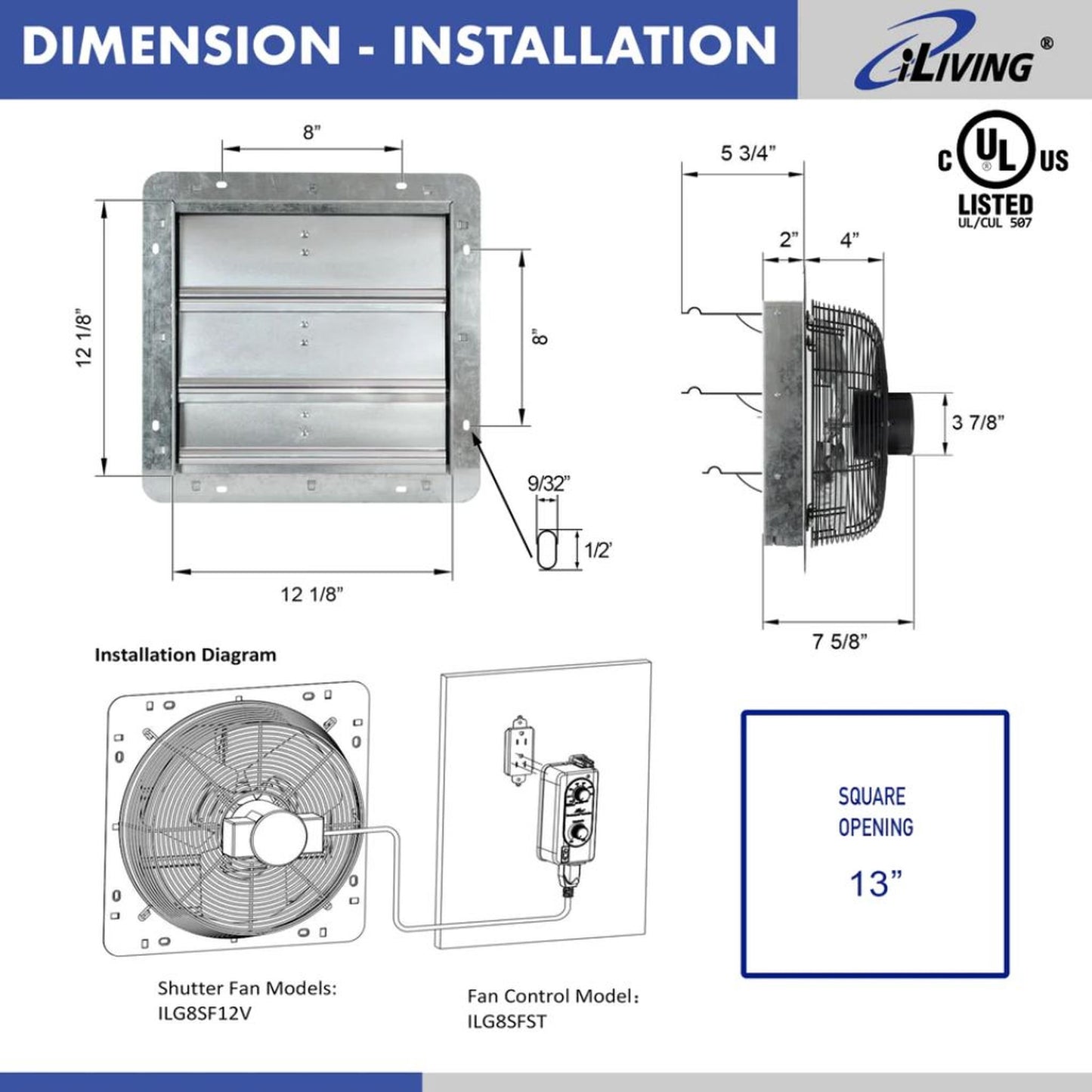 iLIVING 12" Shutter Exhaust Fan with Thermospeed(TM) controller