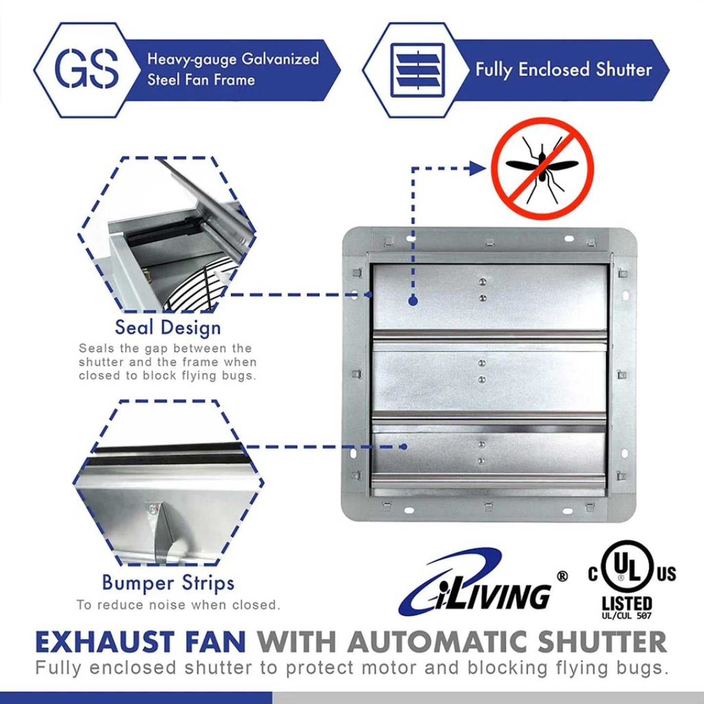 iLIVING 12" Wall-Mounted Smart Remote Shutter Exhaust Fan with Thermostat