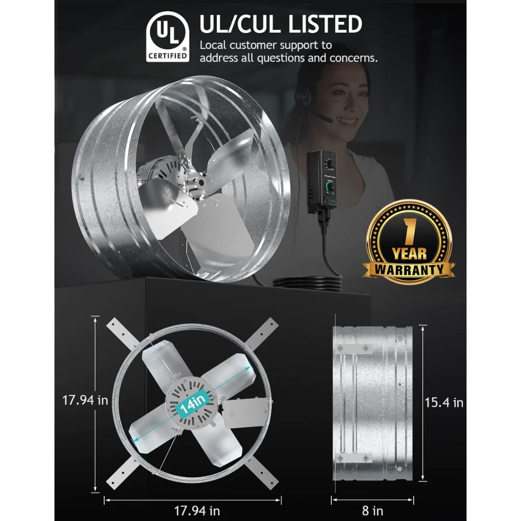 iLIVING 14" Wall Mounted Variable Speed Gable Exhaust Fan with thermostat control