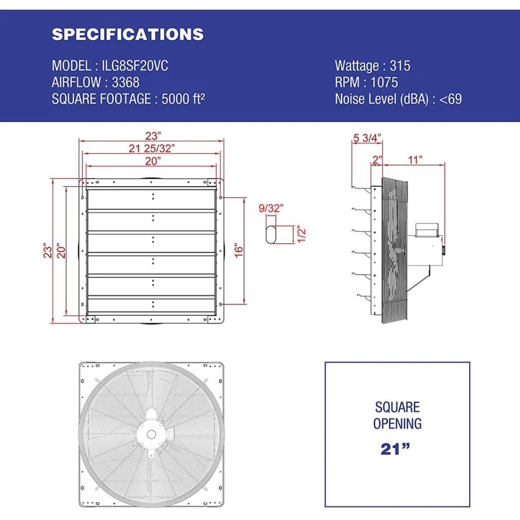 iLIVING 20" Wall-Mounted Smart Remote Shutter Exhaust Fan with Thermostat