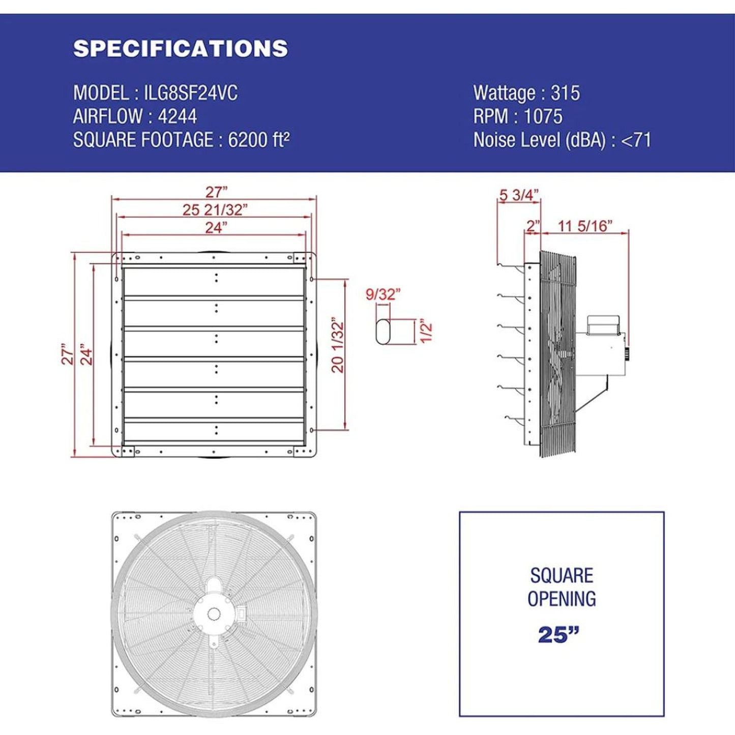 iLIVING 24" Wall-Mounted Smart Remote Shutter Exhaust Fan with Thermostat