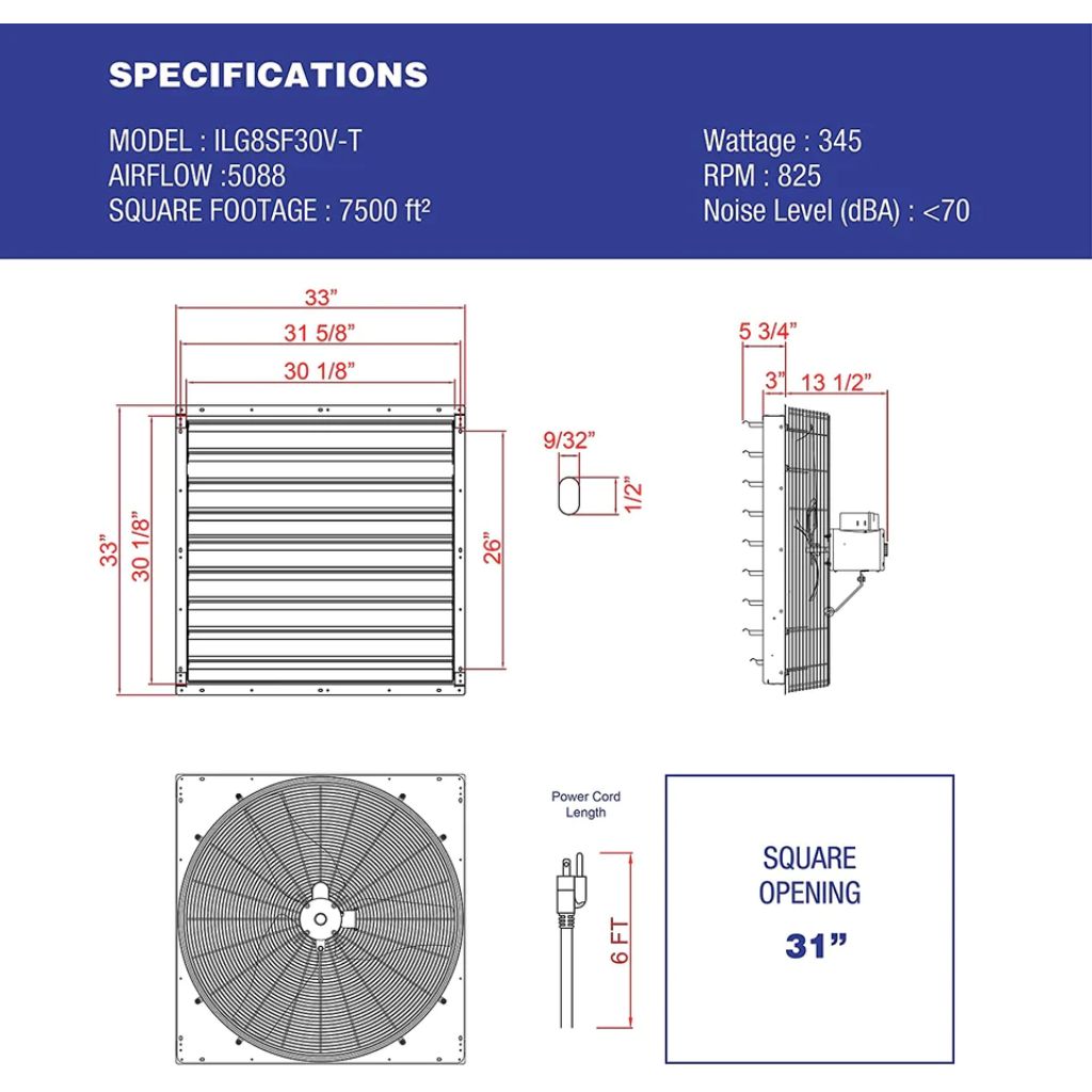 iLIVING 30" Shutter Exhaust Attic Garage Grow Fan