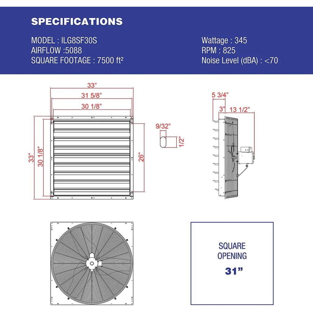 iLIVING 30" Wall-Mounted Single Speed Shutter Exhaust Fan
