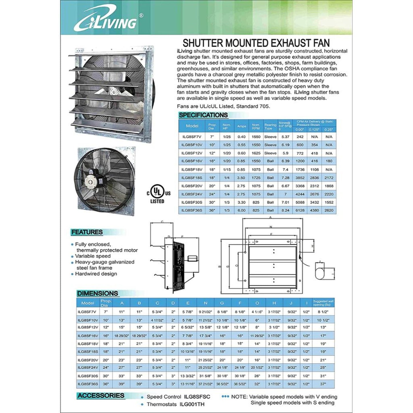 iLIVING 36" Wall-Mounted Single Speed Shutter Exhaust Fan