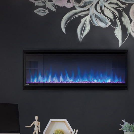 Napoleon Alluravision Series Wall Mount Electric Fireplace mounted on wall in a bedroom