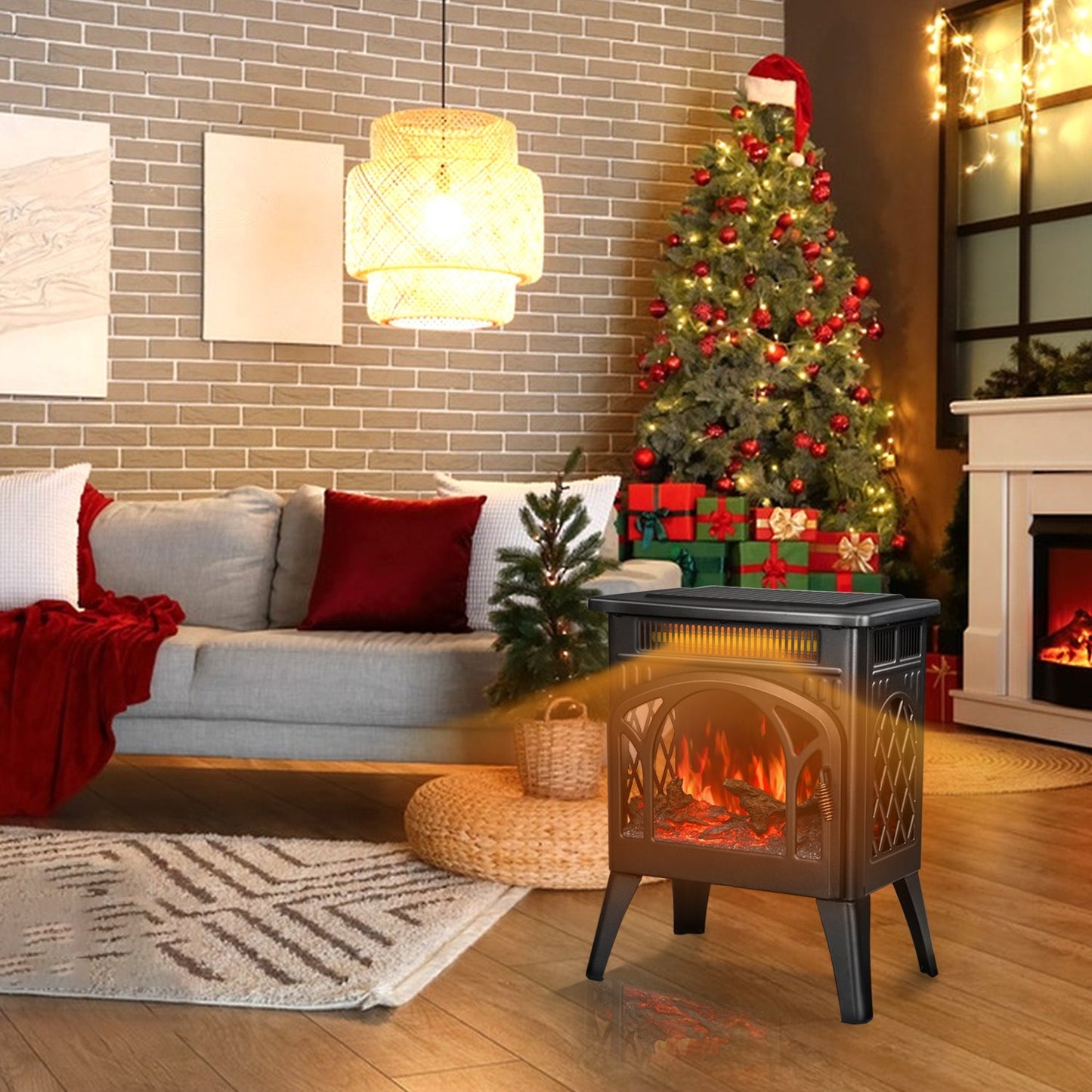 R.W.FLAME 17" Black 500W-1500W Freestanding Electric Fireplace Heater With Remote Control Adjustable Brightness and Heating Mode