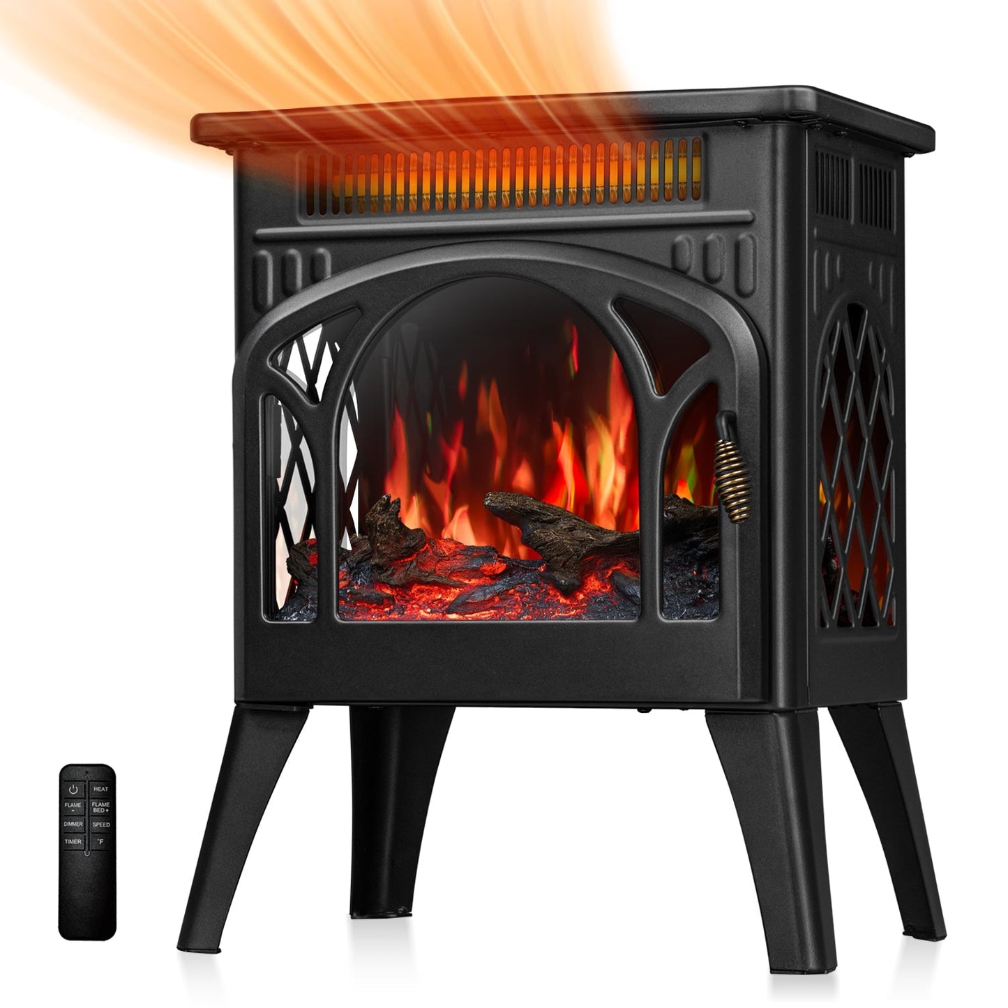 R.W.FLAME 17" Black 500W-1500W Freestanding Electric Fireplace Heater With Remote Control Adjustable Brightness and Heating Mode