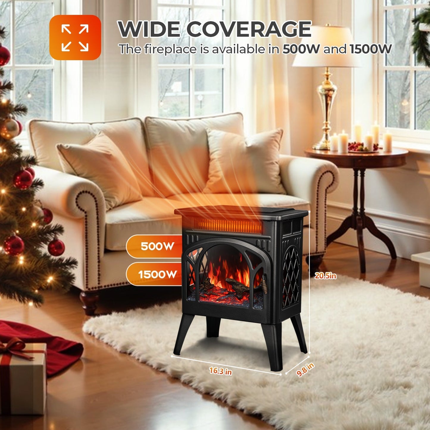 R.W.FLAME 17" Black 500W-1500W Freestanding Electric Fireplace Heater With Remote Control Adjustable Brightness and Heating Mode