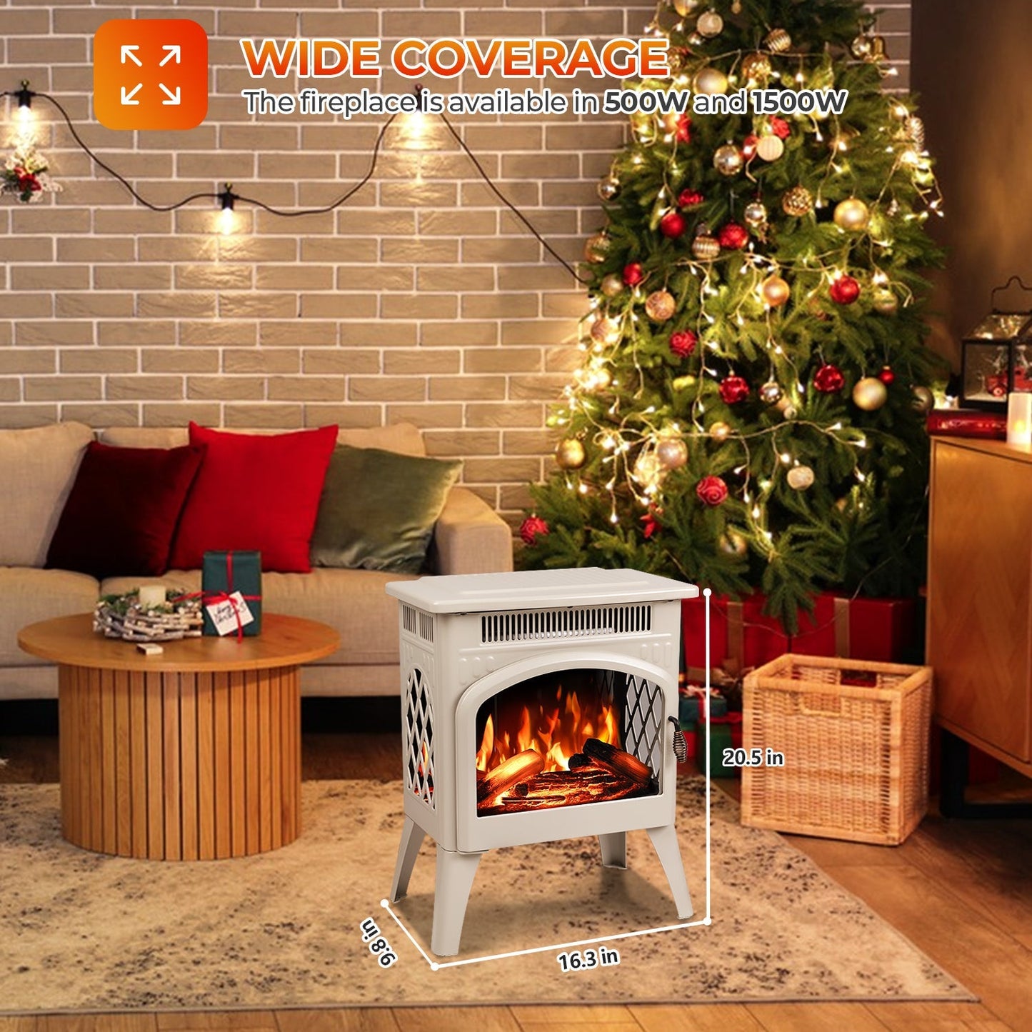 R.W.FLAME 17" Beige 500W-1500W Freestanding Electric Fireplace Heater With Flame Effects and Log Set Colors, Adjustable Brightness and Heating Mode