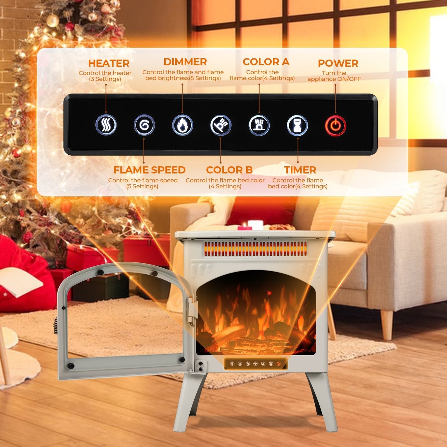 R.W.FLAME 17" Beige 500W-1500W Freestanding Electric Fireplace Heater With Flame Effects and Log Set Colors, Adjustable Brightness and Heating Mode