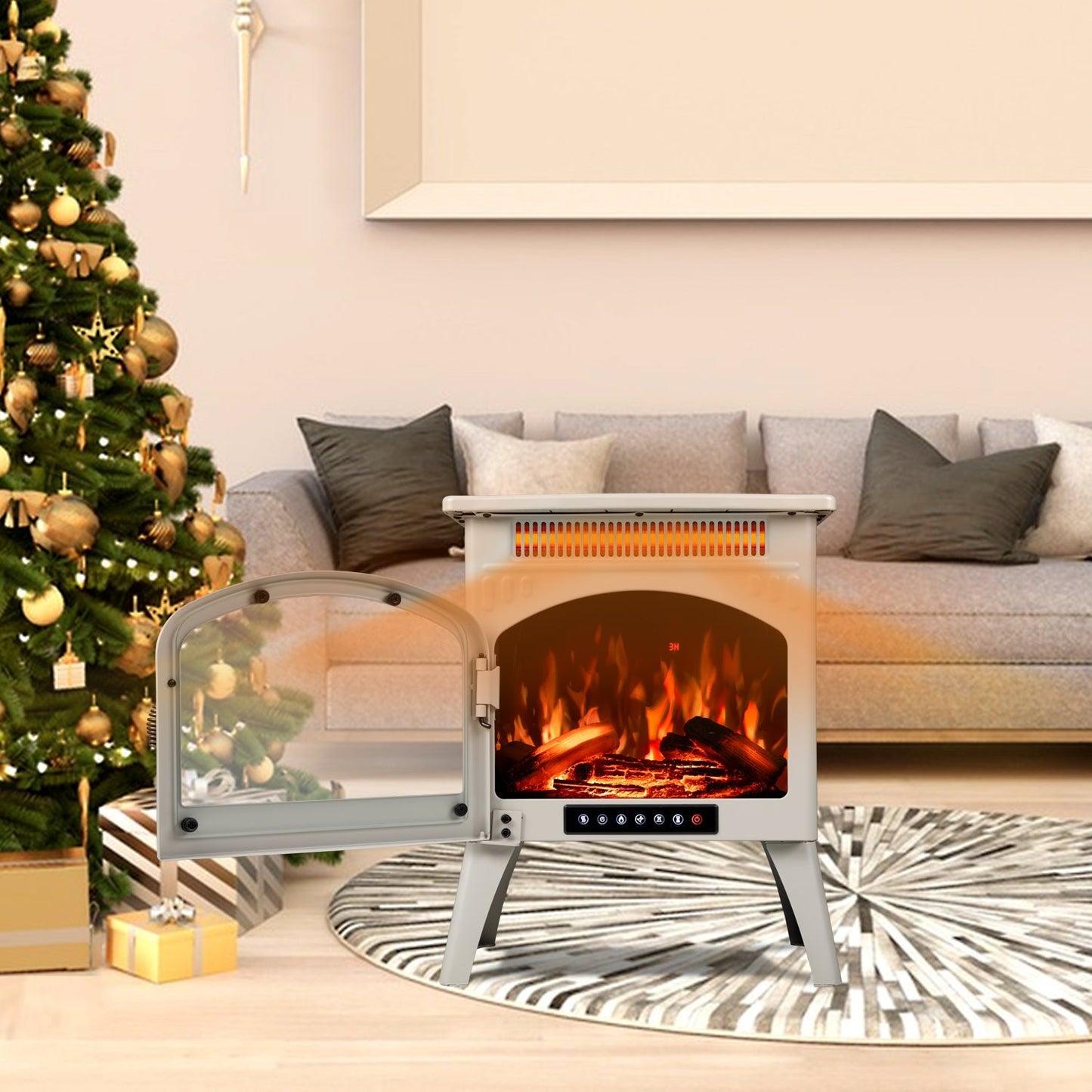 R.W.FLAME 17" Beige 500W-1500W Freestanding Electric Fireplace Heater With Flame Effects and Log Set Colors, Adjustable Brightness and Heating Mode