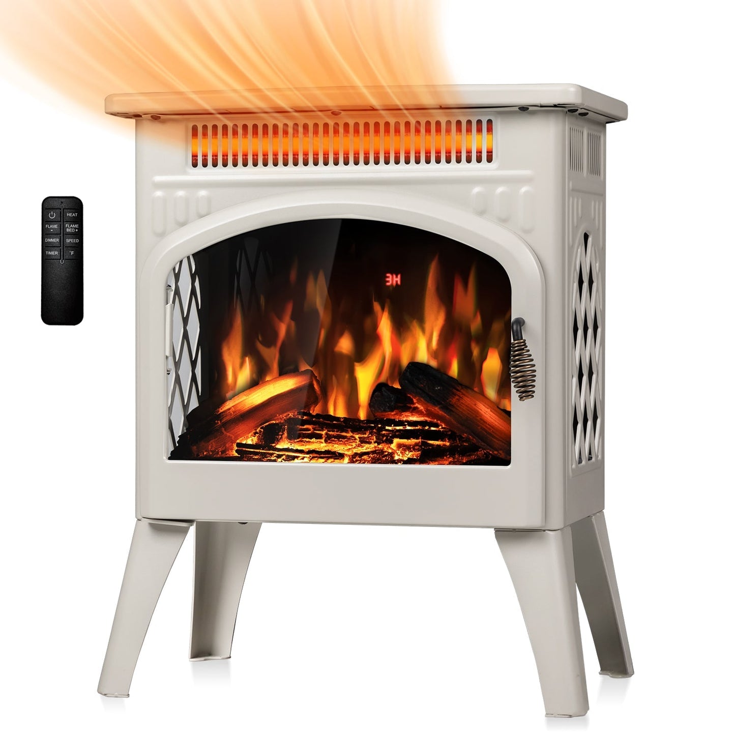 R.W.FLAME 17" Beige 500W-1500W Freestanding Electric Fireplace Heater With Flame Effects and Log Set Colors, Adjustable Brightness and Heating Mode