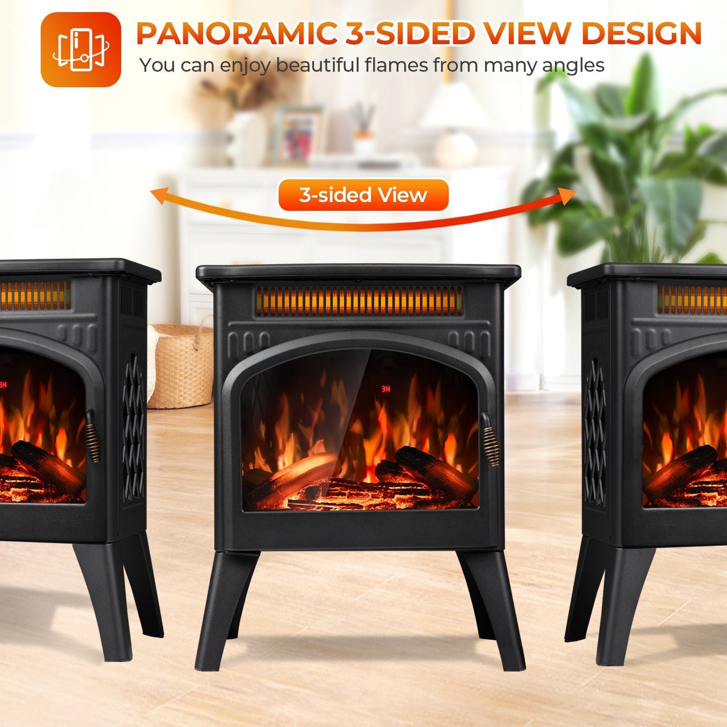 R.W.FLAME 17" Black 500W-1500W Freestanding Electric Fireplace Heater With Flame Effects and Log Set Colors, Adjustable Brightness and Heating Mode