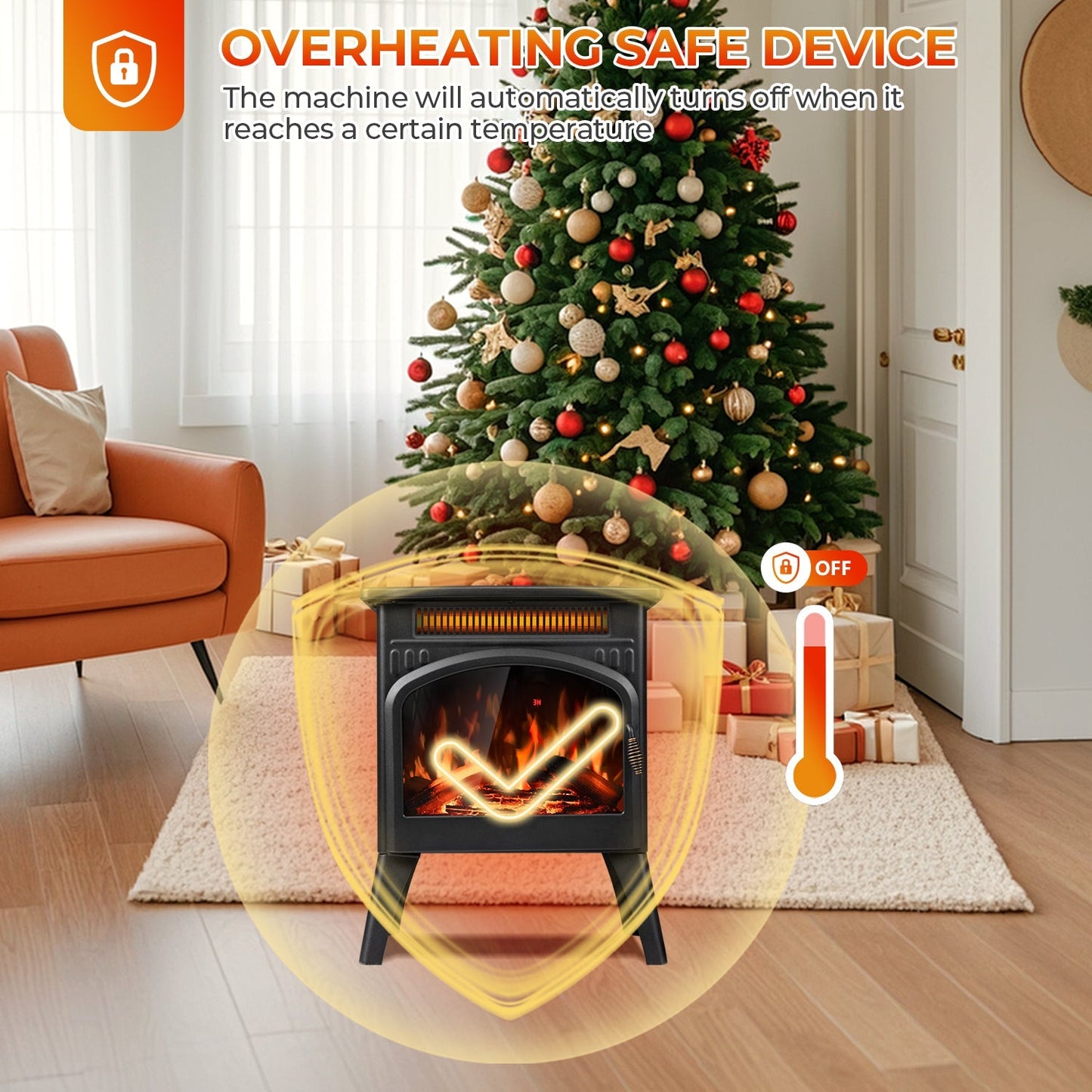 R.W.FLAME 17" Black 500W-1500W Freestanding Electric Fireplace Heater With Flame Effects and Log Set Colors, Adjustable Brightness and Heating Mode