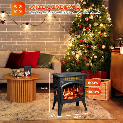 R.W.FLAME 17" Black 500W-1500W Freestanding Electric Fireplace Heater With Flame Effects and Log Set Colors, Adjustable Brightness and Heating Mode