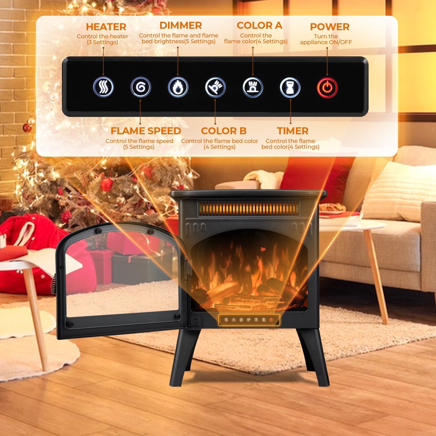 R.W.FLAME 17" Black 500W-1500W Freestanding Electric Fireplace Heater With Flame Effects and Log Set Colors, Adjustable Brightness and Heating Mode