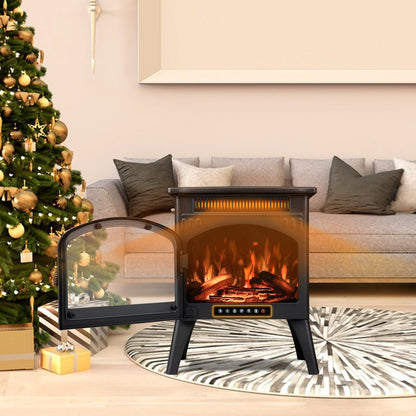 R.W.FLAME 17" Black 500W-1500W Freestanding Electric Fireplace Heater With Flame Effects and Log Set Colors, Adjustable Brightness and Heating Mode