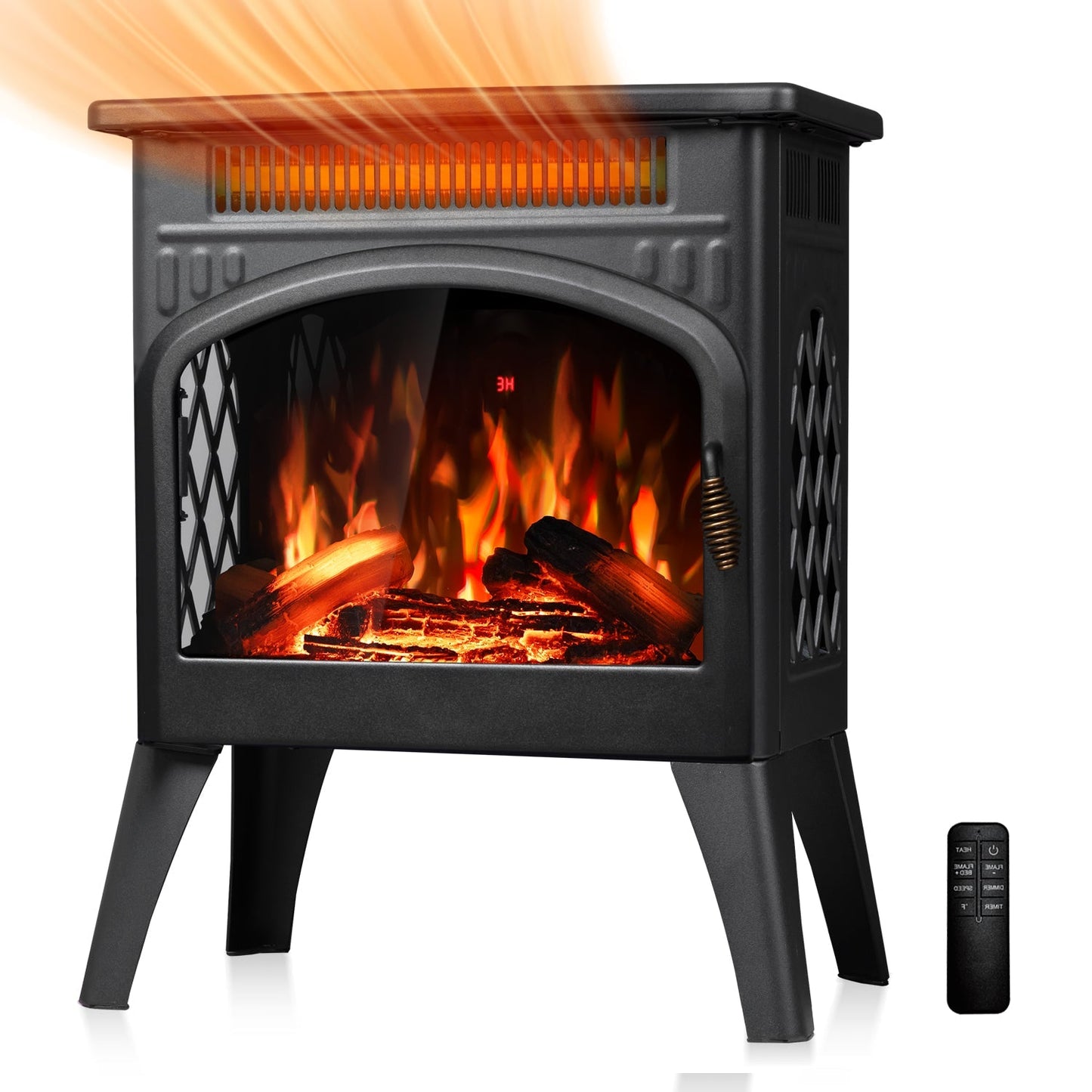 R.W.FLAME 17" Black 500W-1500W Freestanding Electric Fireplace Heater With Flame Effects and Log Set Colors, Adjustable Brightness and Heating Mode