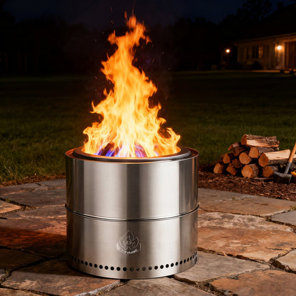 R.W.FLAME 19" Stainless Steel Smokeless Wood Burning Round Fire Pit With Detachable Ash Pan and Carry Bag