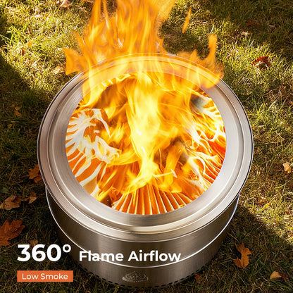 R.W.FLAME 19" Stainless Steel Smokeless Wood Burning Round Fire Pit With Detachable Ash Pan and Carry Bag