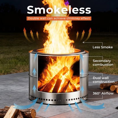 R.W.FLAME 19" Stainless Steel Smokeless Wood Burning Round Fire Pit With Detachable Ash Pan and Carry Bag