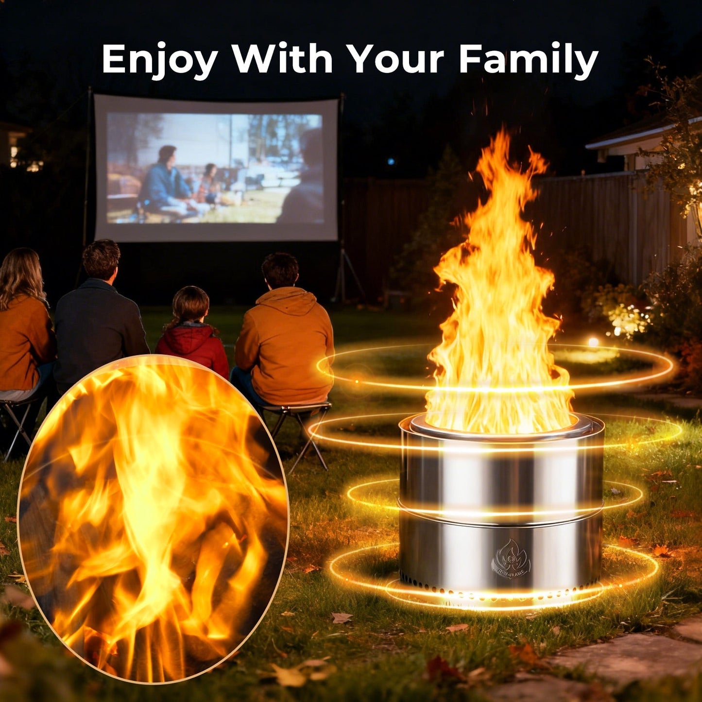 R.W.FLAME 19" Stainless Steel Smokeless Wood Burning Round Fire Pit With Detachable Ash Pan and Carry Bag