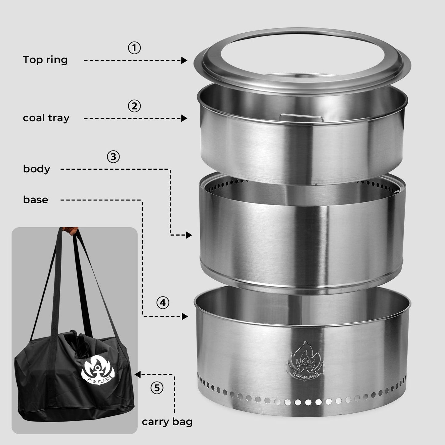 R.W.FLAME 19" Stainless Steel Smokeless Wood Burning Round Fire Pit With Detachable Ash Pan and Carry Bag