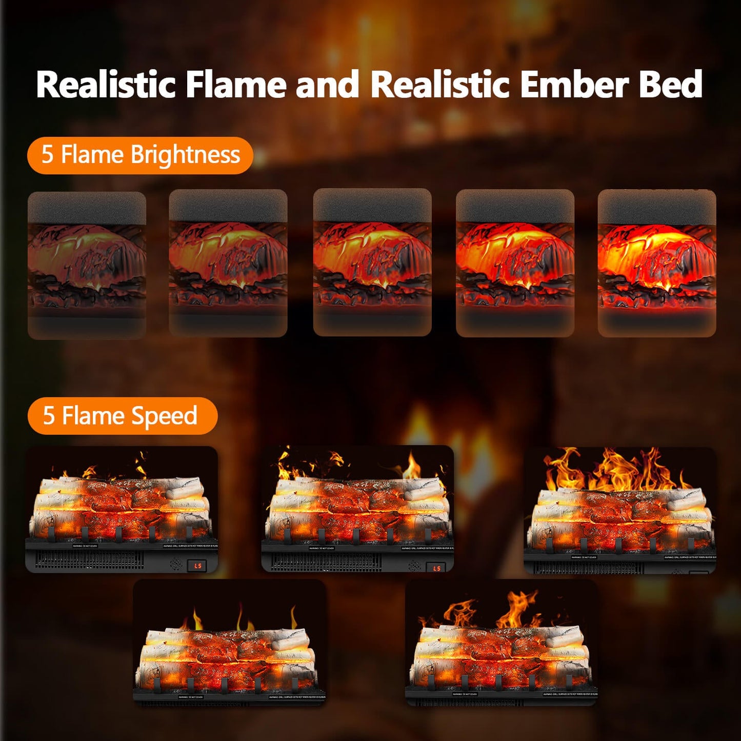 R.W.FLAME 20" Black 750W/1500W Electric Fireplace Log Heater With Crackling Sound and 5-Flame Brightness