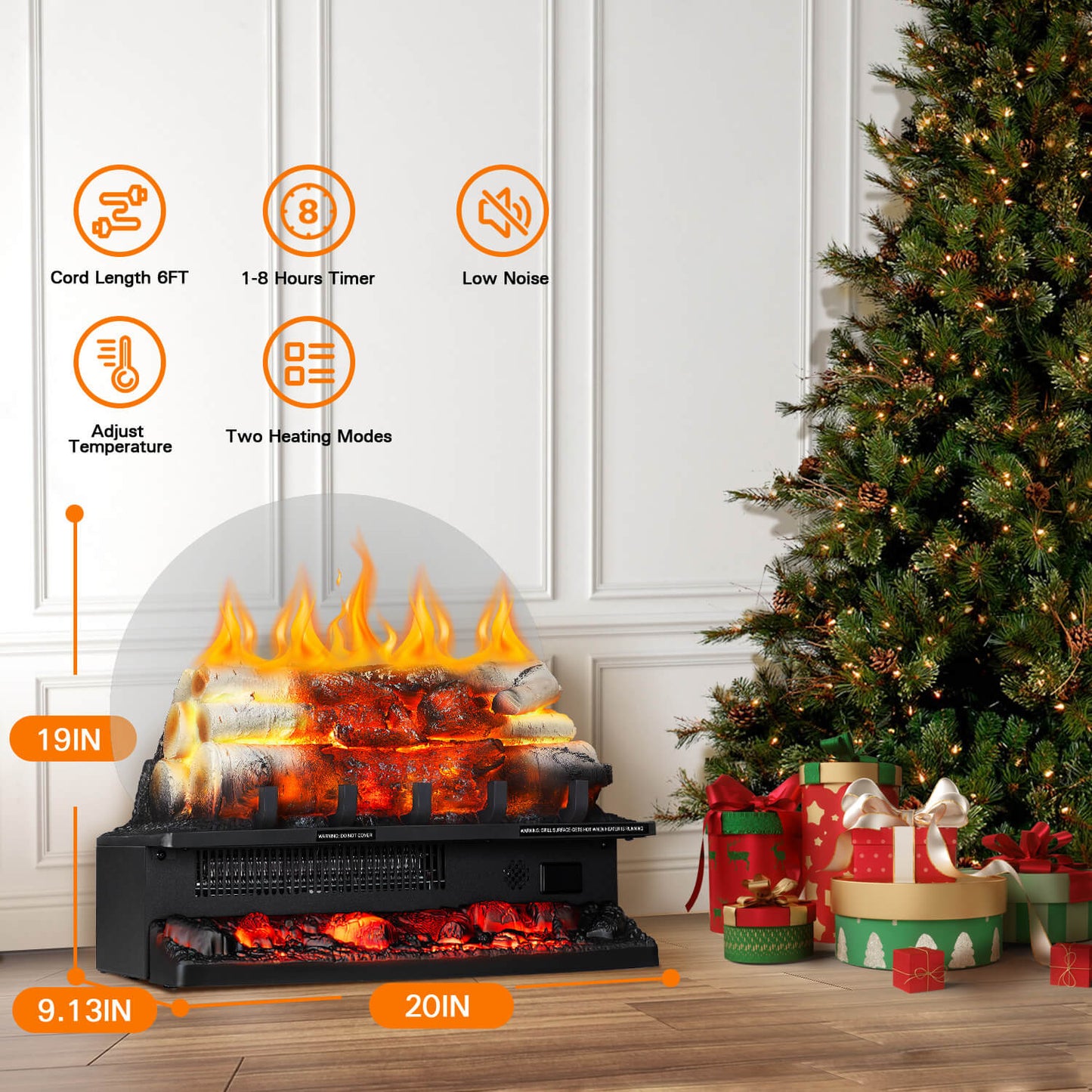 R.W.FLAME 20" Black 750W/1500W Electric Fireplace Log Heater With Crackling Sound and 5-Flame Brightness