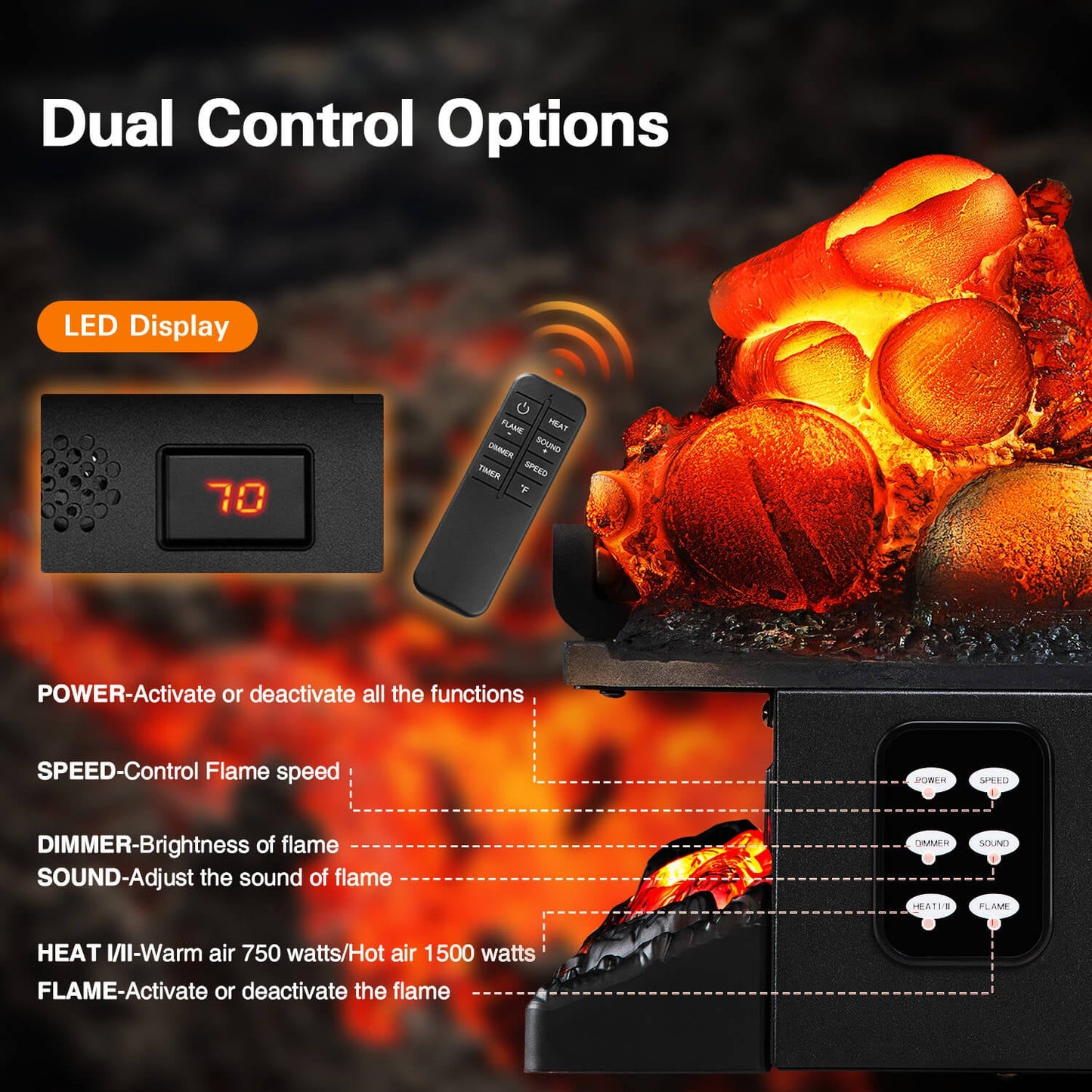 R.W.FLAME 20" Black 750W/1500W Electric Fireplace Log Heater With Crackling Sound and 5-Flame Brightness
