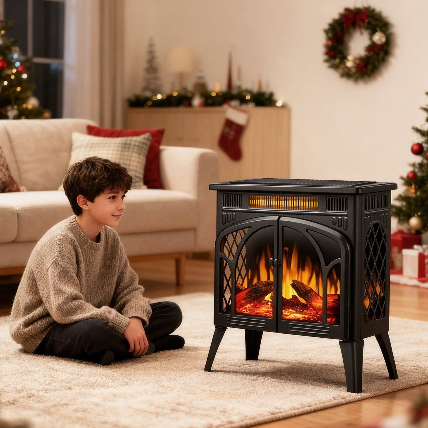 R.W.FLAME 24" Black 500W-1500W Freestanding Electric Fireplace Stove With Controllable 3D-Flame, 4 Variable Flame and Log Colors