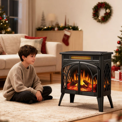 R.W.FLAME 24" Black 500W-1500W Freestanding Electric Fireplace Stove With Controllable 3D-Flame, 4 Variable Flame and Log Colors