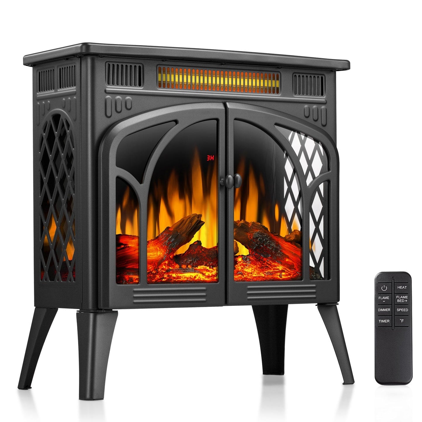 R.W.FLAME 24" Black 500W-1500W Freestanding Electric Fireplace Stove With Controllable 3D-Flame, 4 Variable Flame and Log Colors