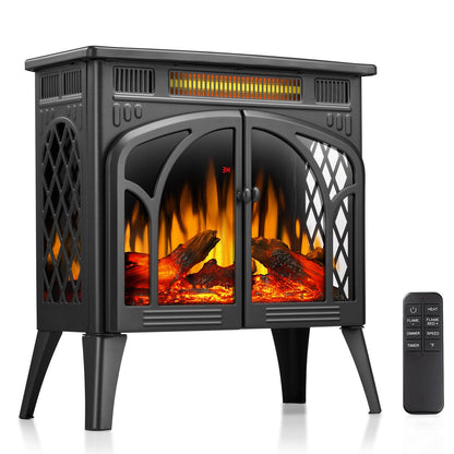 R.W.FLAME 24" Black 500W-1500W Freestanding Electric Fireplace Stove With Controllable 3D-Flame, 4 Variable Flame and Log Colors