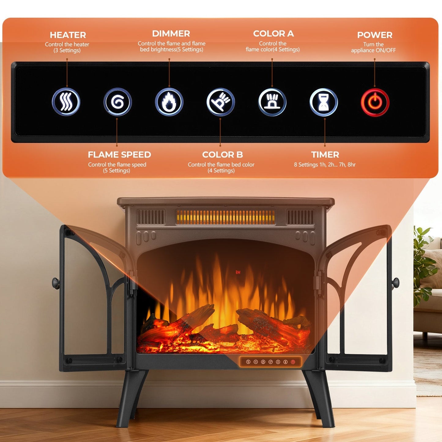 R.W.FLAME 24" Black 500W-1500W Freestanding Electric Fireplace Stove With Controllable 3D-Flame, 4 Variable Flame and Log Colors