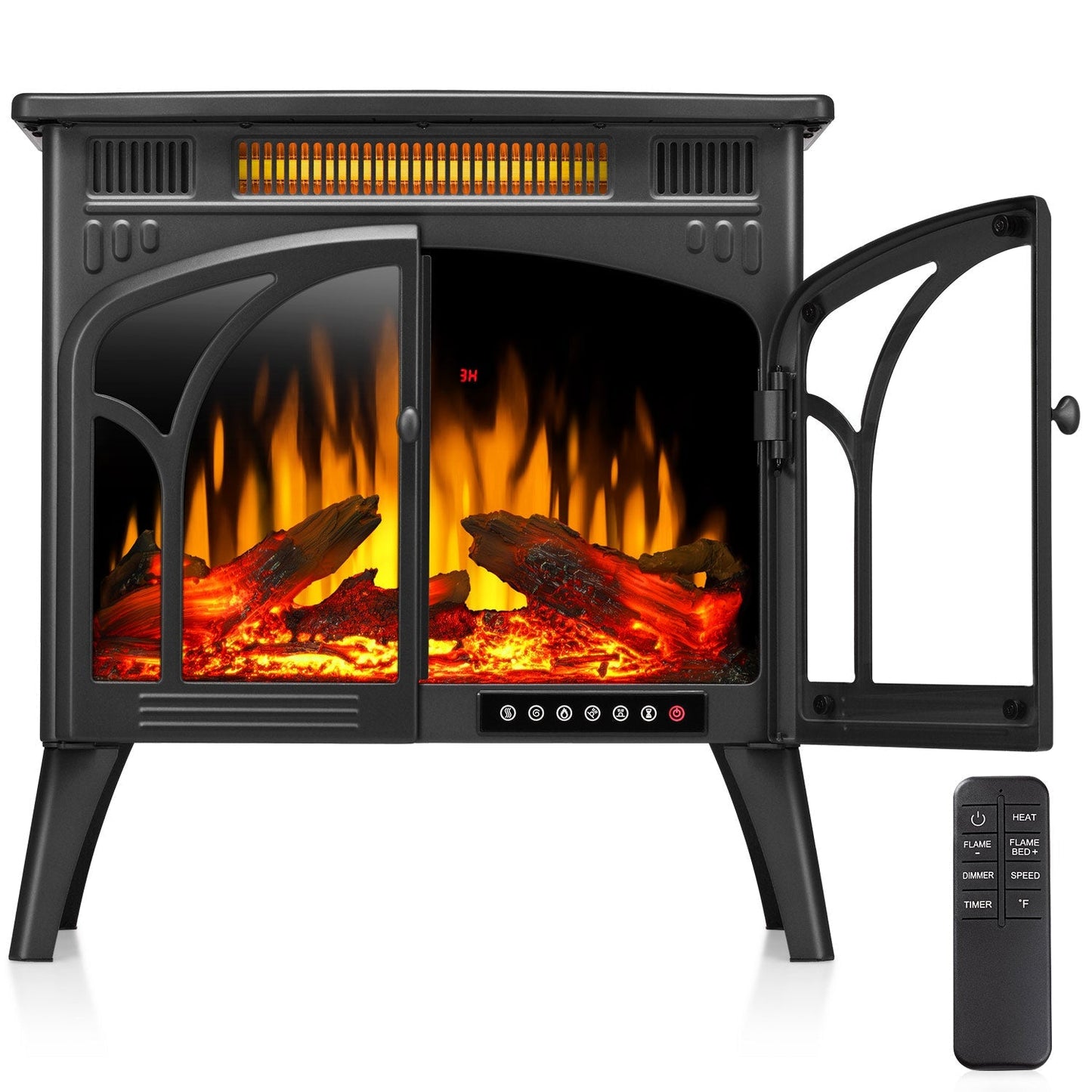 R.W.FLAME 24" Black 500W-1500W Freestanding Electric Fireplace Stove With Controllable 3D-Flame, 4 Variable Flame and Log Colors