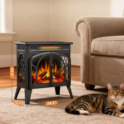 R.W.FLAME 24" Black 500W-1500W Freestanding Electric Fireplace Stove With Controllable 3D-Flame, 4 Variable Flame and Log Colors