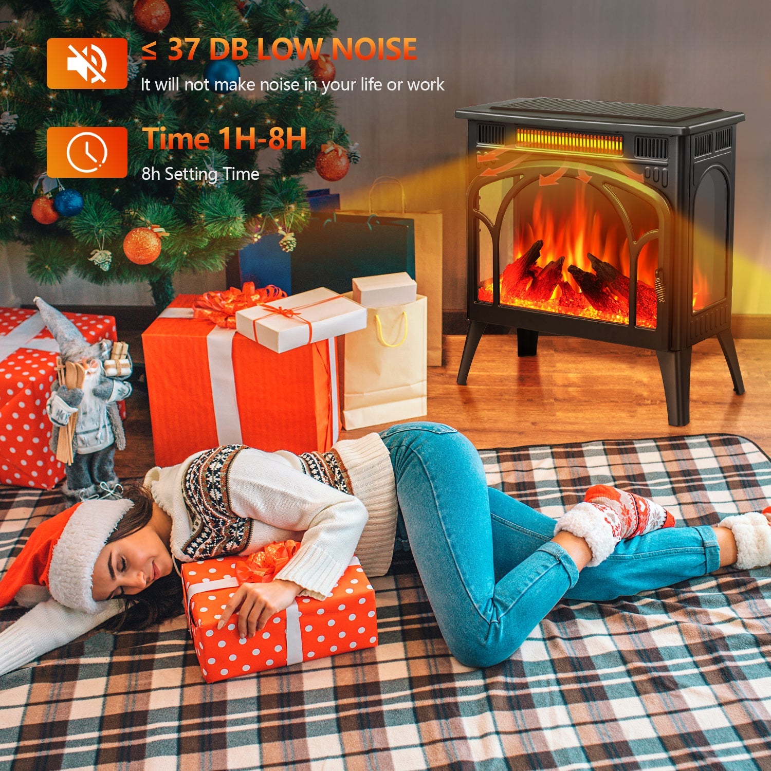 R.W.FLAME 24" Black 500W-1500W Electric Fireplace Heater With 3D-Realistic Flame Effect and Different Flame Colors