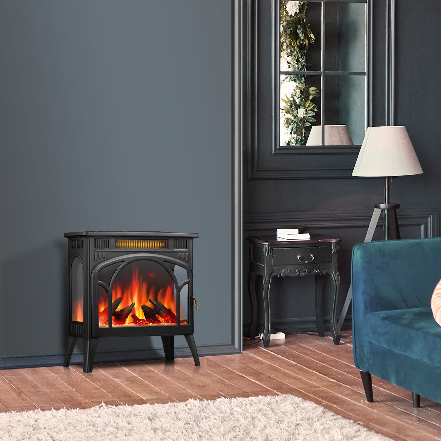 R.W.FLAME 24" Black 500W-1500W Electric Fireplace Heater With 3D-Realistic Flame Effect and Different Flame Colors