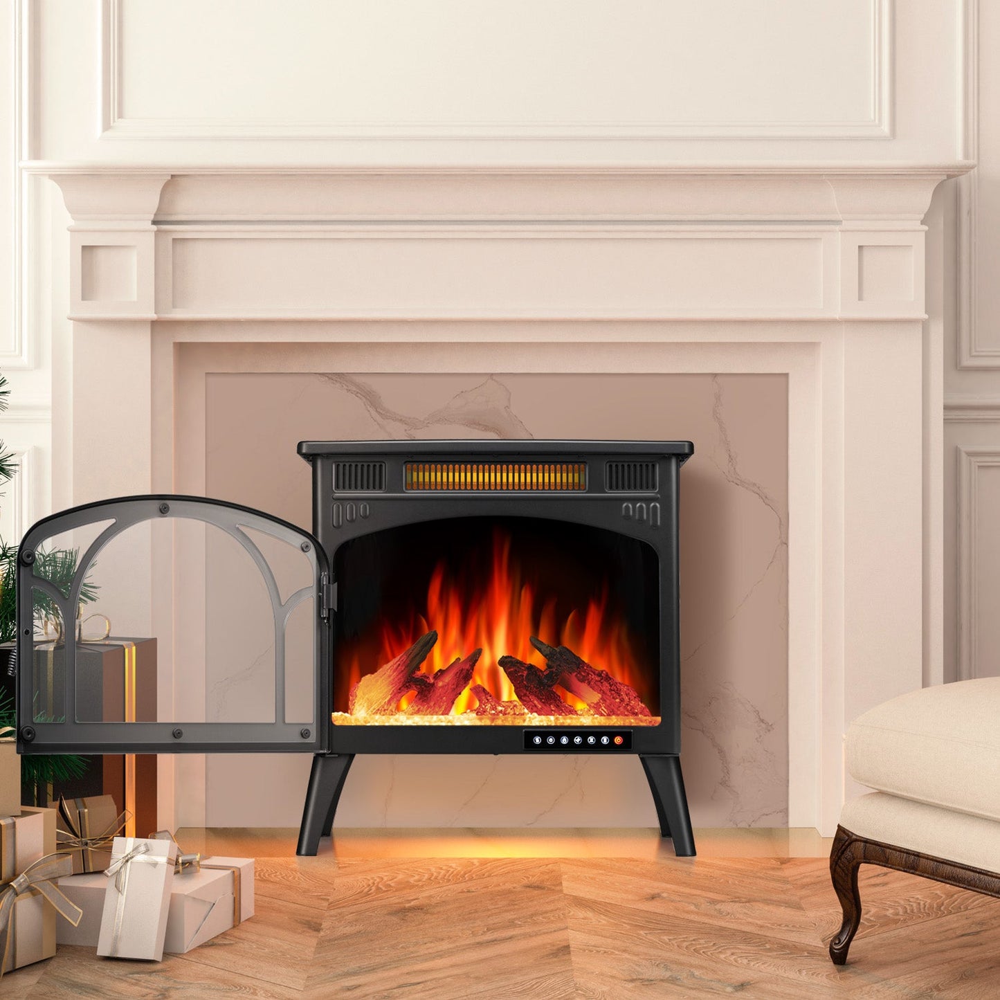 R.W.FLAME 24" Black 500W-1500W Electric Fireplace Heater With 3D-Realistic Flame Effect and Different Flame Colors