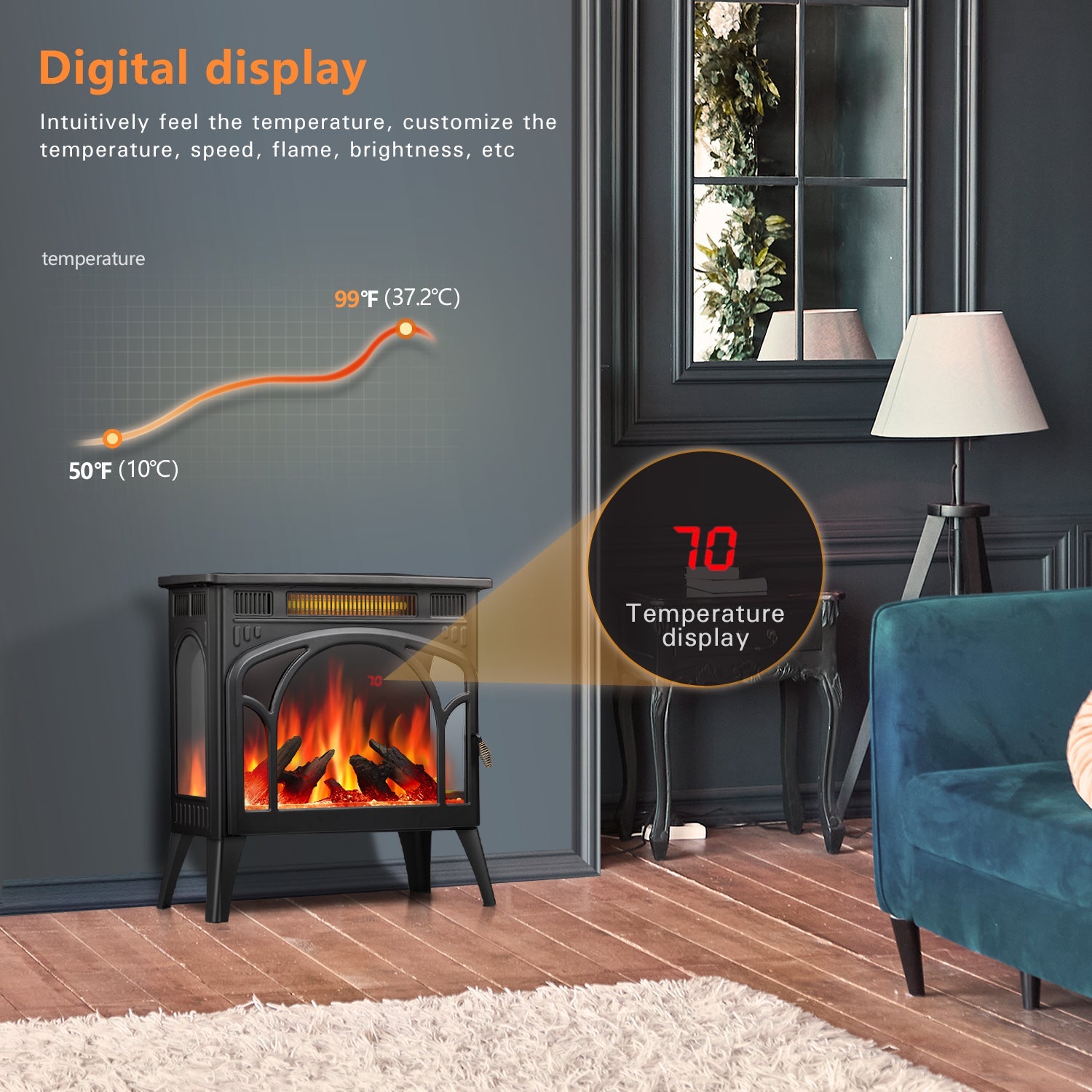 R.W.FLAME 24" Black 500W-1500W Electric Fireplace Heater With 3D-Realistic Flame Effect and Different Flame Colors
