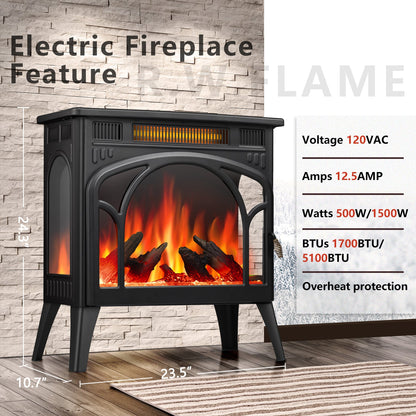 R.W.FLAME 24" Black 500W-1500W Electric Fireplace Heater With 3D-Realistic Flame Effect and Different Flame Colors