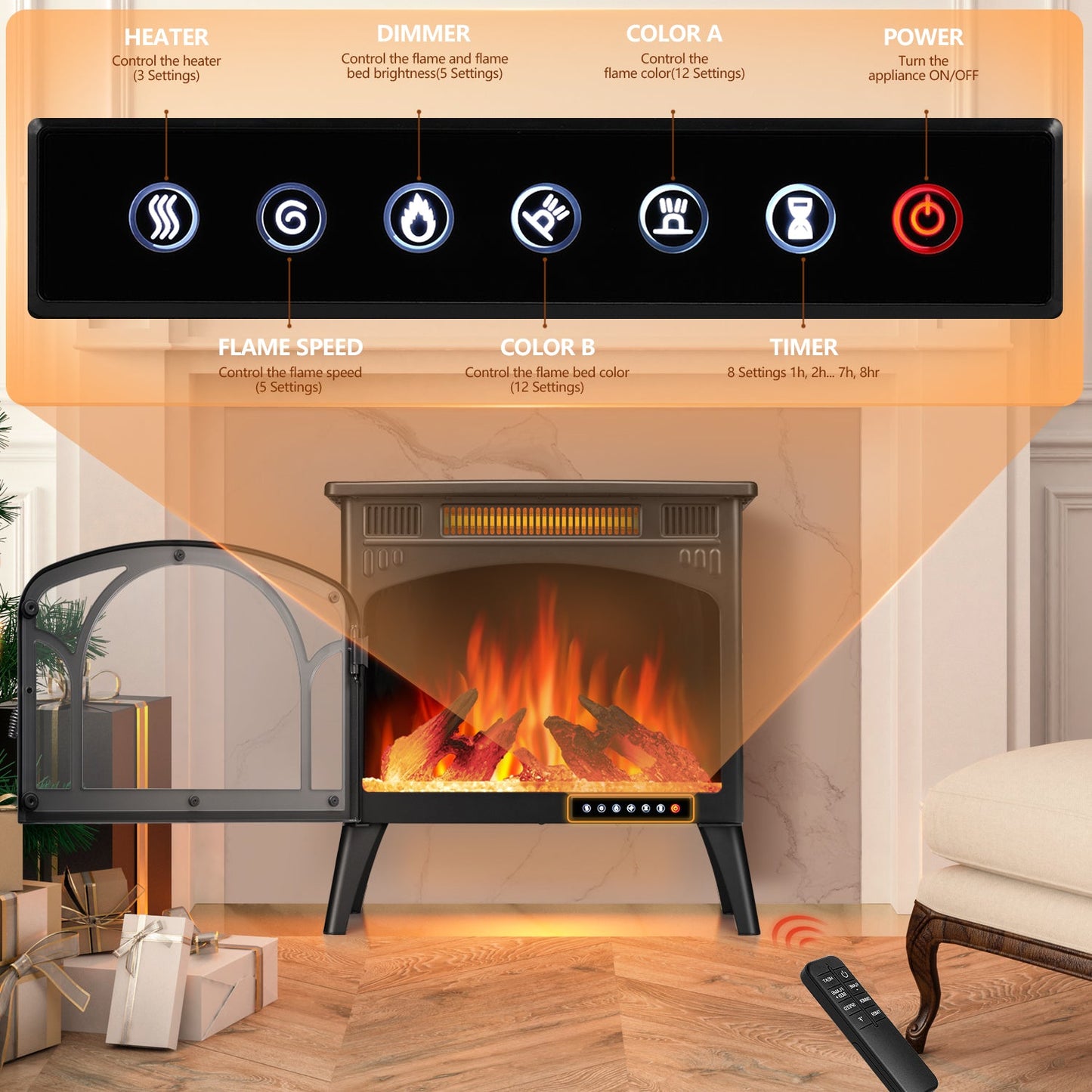 R.W.FLAME 24" Black 500W-1500W Electric Fireplace Heater With 3D-Realistic Flame Effect and Different Flame Colors