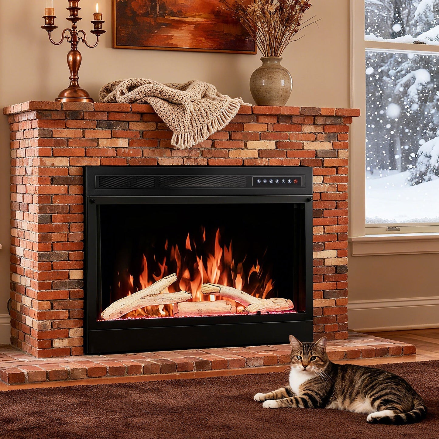 R.W.FLAME 28" Black 750W-1500W Electric Fireplace Insert With Adjustable 5-Flame Colors, 12-Log Colors, 5-Flame Speeds and Brightness