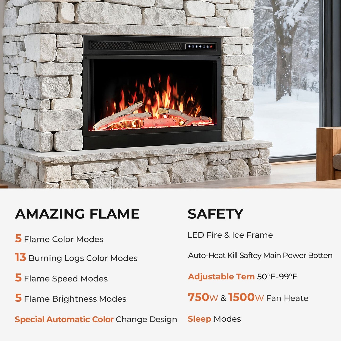 R.W.FLAME 28" Black 750W-1500W Electric Fireplace Insert With Adjustable 5-Flame Colors, 12-Log Colors, 5-Flame Speeds and Brightness