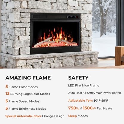 R.W.FLAME 28" Black 750W-1500W Electric Fireplace Insert With Adjustable 5-Flame Colors, 12-Log Colors, 5-Flame Speeds and Brightness