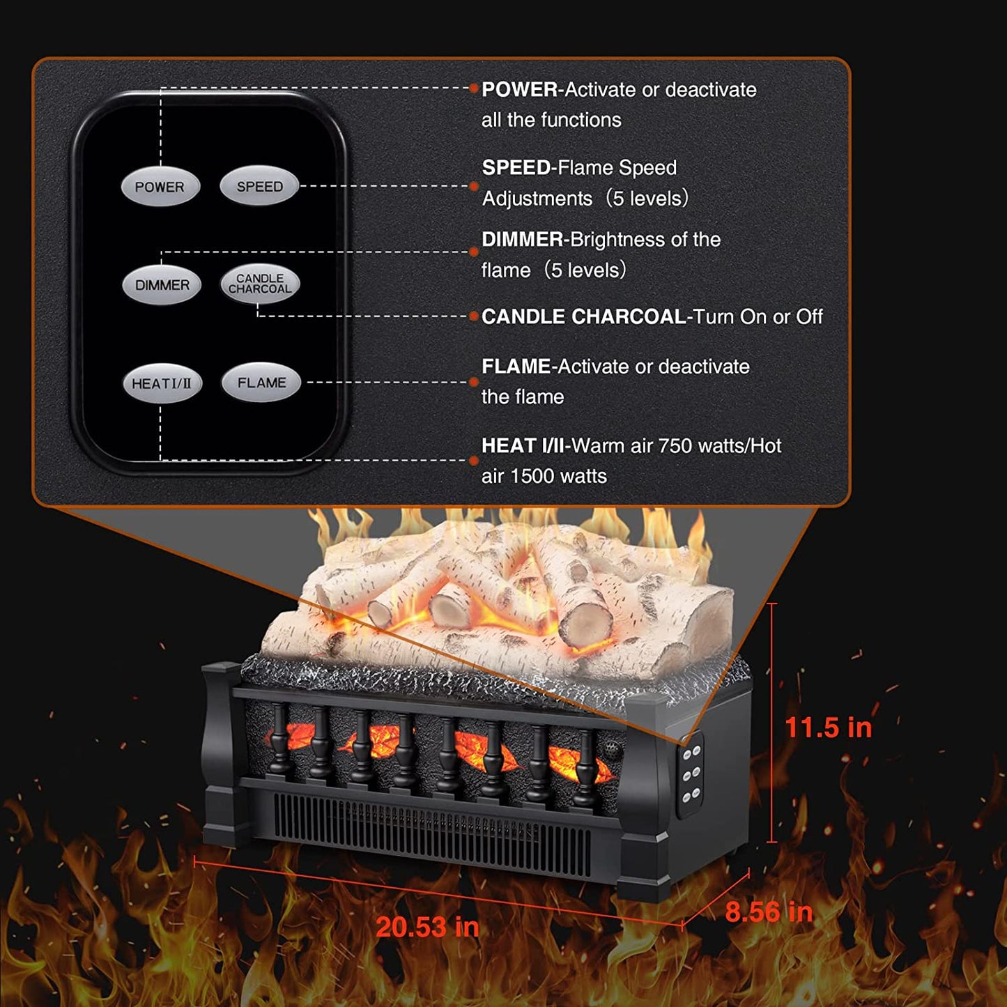 R.W.FLAME 21" Birch 750W/1500W Electric Fireplace Log Set Heater With Remote Control