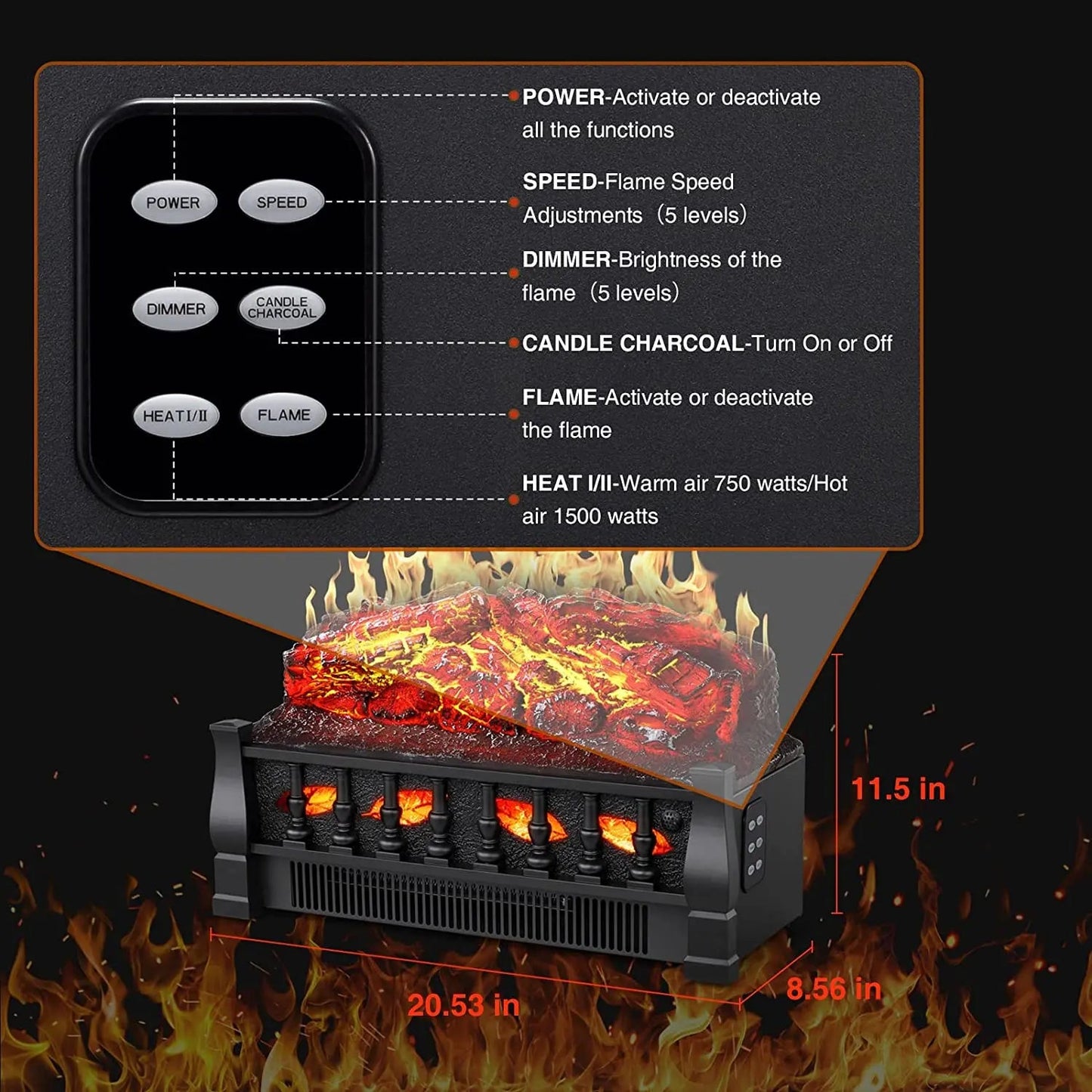 R.W.FLAME 21" Charcoal 750W/1500W Electric Fireplace Log Set Heater With Remote Control