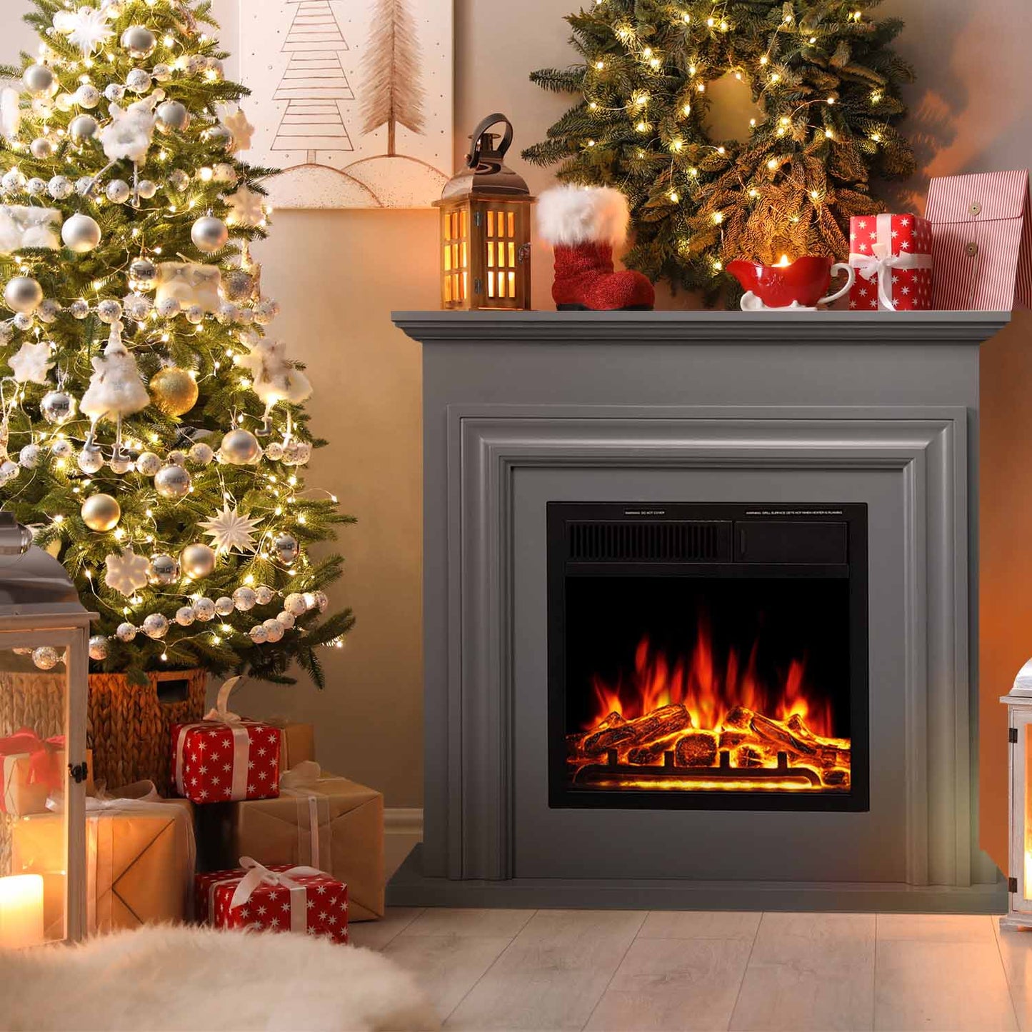 R.W.FLAME 36" Gray Freestanding Wooden Mantel and Electric Fireplace With Adjustable Led Flame