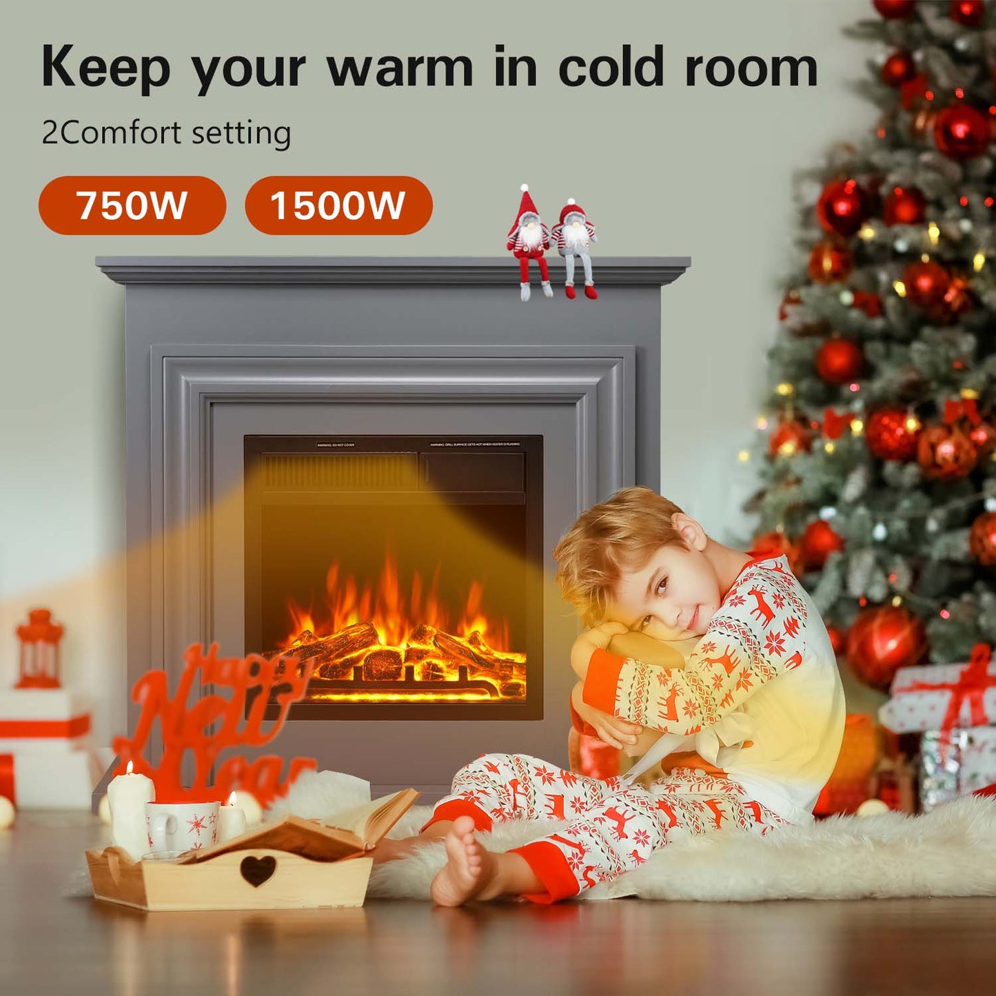 R.W.FLAME 36" Gray Freestanding Wooden Mantel and Electric Fireplace With Adjustable Led Flame